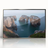 Framed acrylic artwork depicting dramatic cliffs and landscapes, showcasing vibrant colors and intricate details, perfect for enhancing modern home decor.