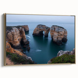 Framed canvas artwork showcasing a stunning cliff landscape with vibrant colors, gold accents, and a side view perspective, ideal for enhancing interior decor.