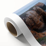 Stunning rolled canvas artwork depicting a vibrant landscape with majestic cliffs under a blue sky, ideal for enhancing home decor and creating a serene atmosphere.