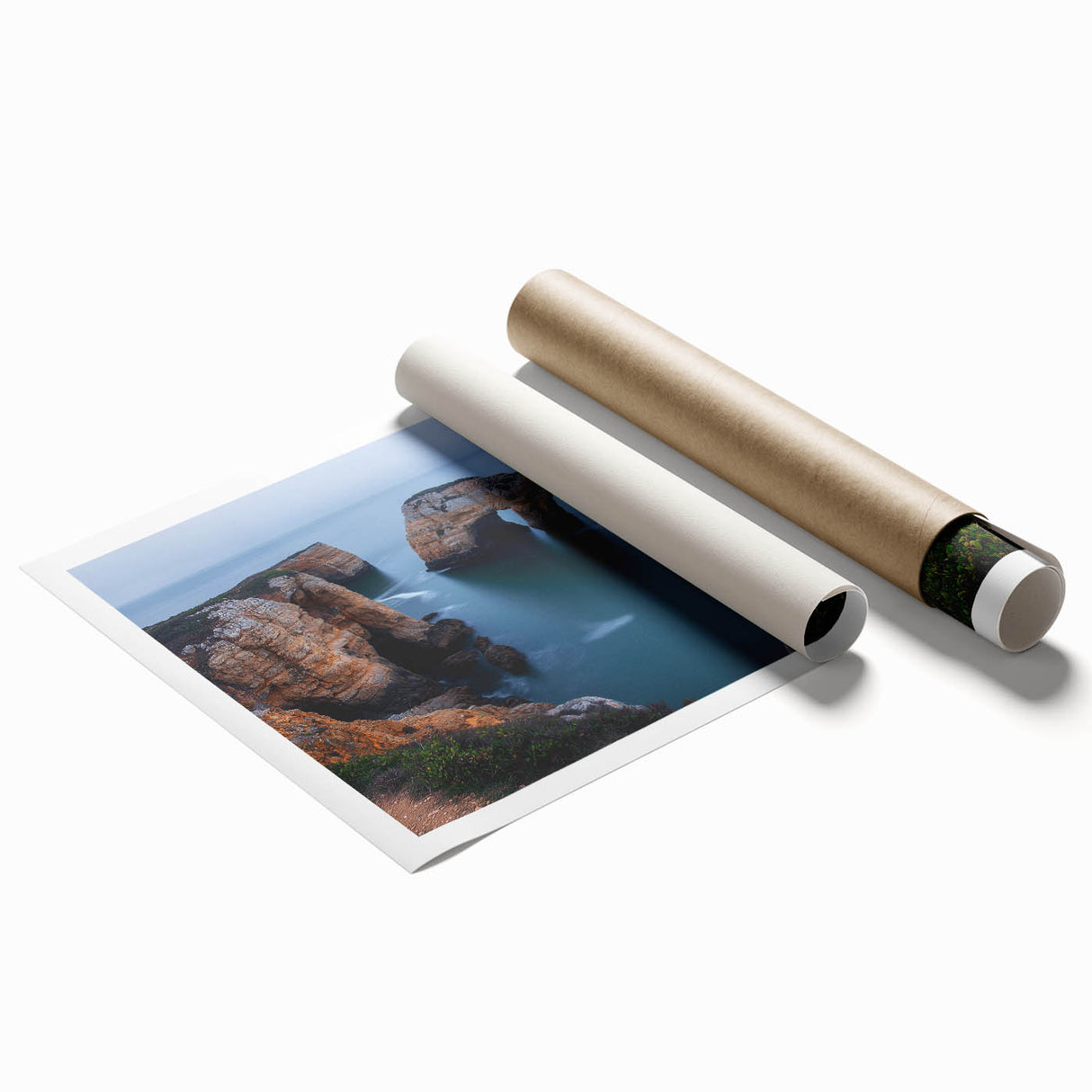 Vibrant rolled print showcasing a breathtaking landscape of cliffs and sea, featuring rich colors and intricate details, ideal for home decor enthusiasts.