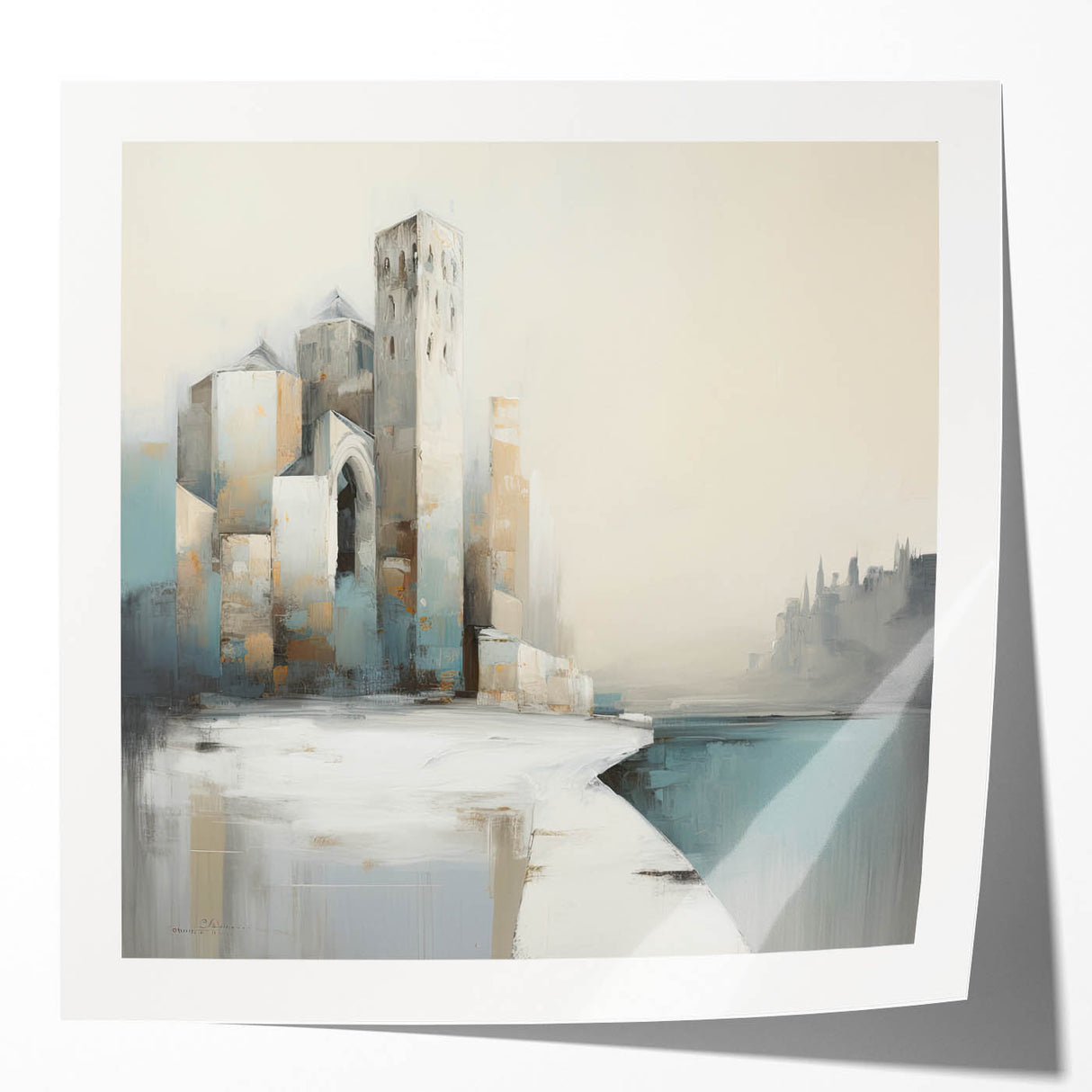 Abstract architectural wall art print showcasing geometric patterns and vibrant colors, displayed in a glossy mockup setting, ideal for modern decor.