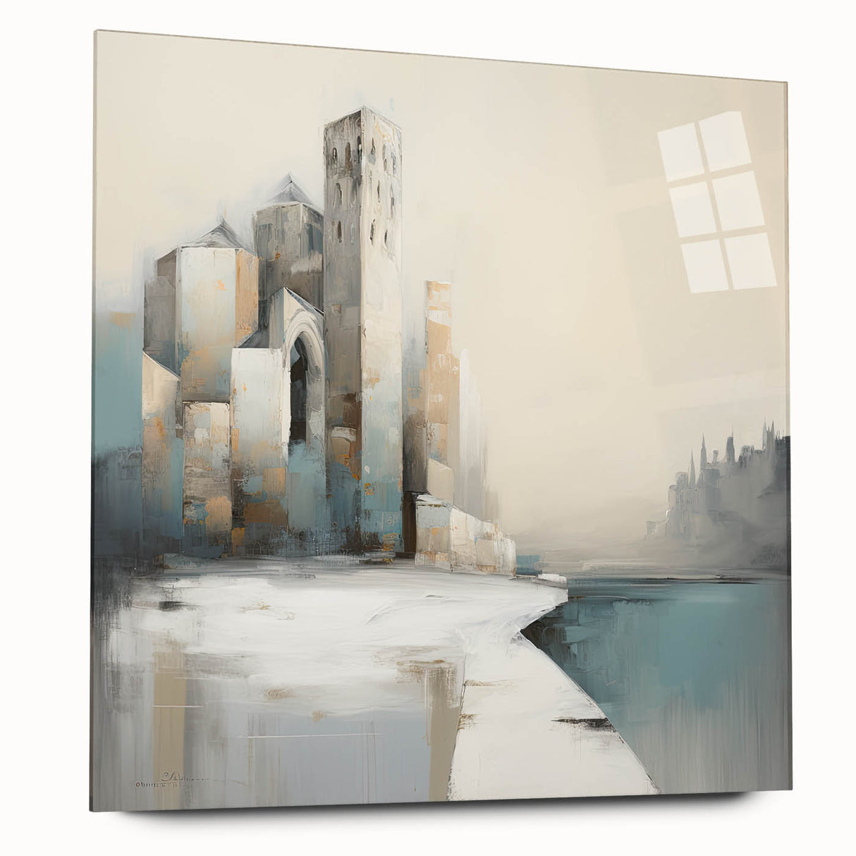 Abstract architectural wall art displayed in a sleek acrylic frame, showcasing geometric shapes and vibrant colors, perfect for modern home decor.