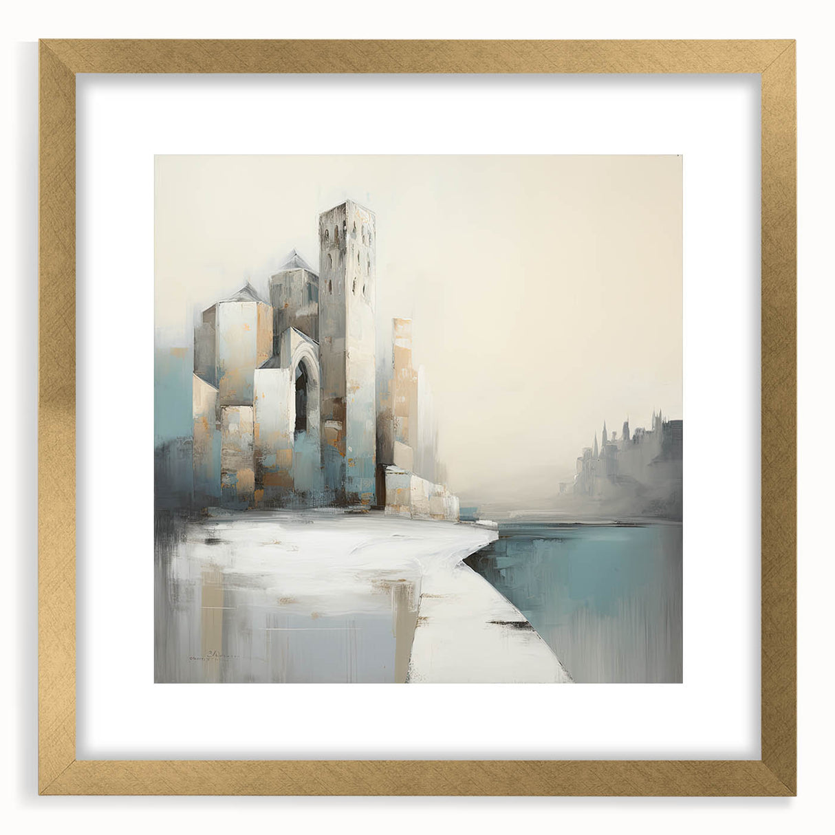 Abstract architecture wall art framed in gold, showcasing geometric shapes and vibrant colors, perfect for modern home decor or office aesthetics. This stylish piece adds a contemporary touch to any interior space.