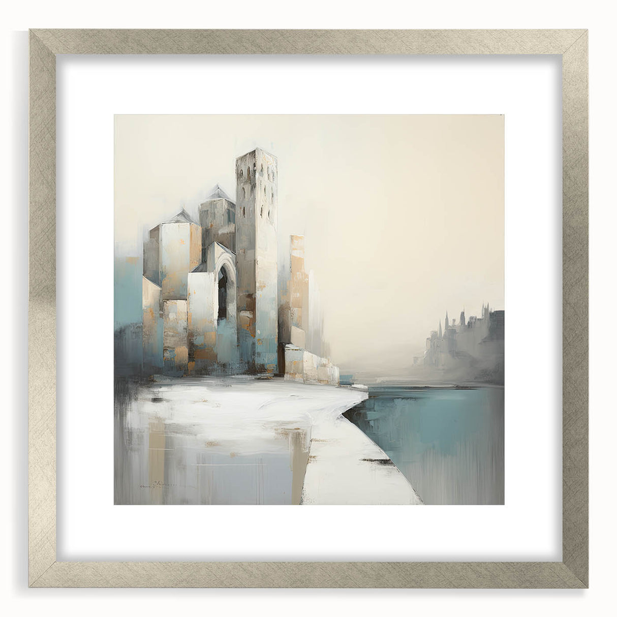 Abstract architectural wall art framed in silver, showcasing geometric patterns and vibrant colors, ideal for modern home decor. Perfect for enhancing interior aesthetics.