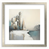 Abstract architectural wall art framed in silver, showcasing geometric patterns and vibrant colors, ideal for modern home decor. Perfect for enhancing interior aesthetics.