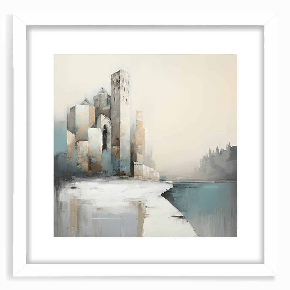 Abstract architectural wall art framed in white, showcasing geometric shapes and lines, perfect for modern interior decor. Ideal for adding elegance to living spaces.