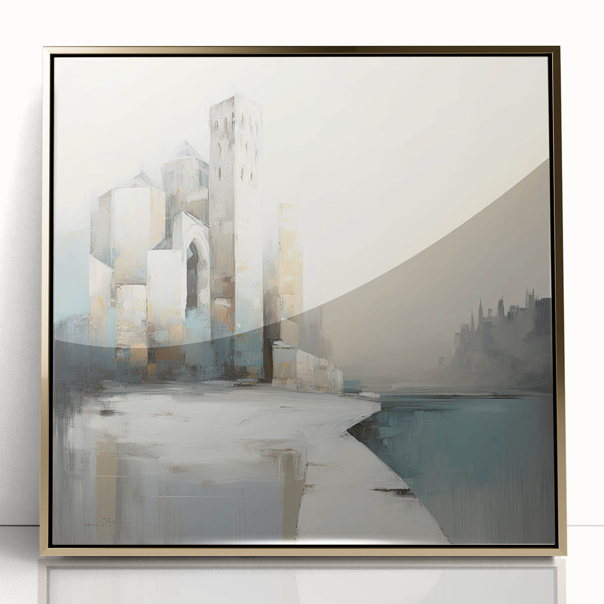 Framed abstract architecture wall art in gold acrylic, showcasing modern design elements and sleek lines, perfect for contemporary home decor accents.