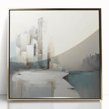 Framed abstract architecture wall art in gold acrylic, showcasing modern design elements and sleek lines, perfect for contemporary home decor accents.
