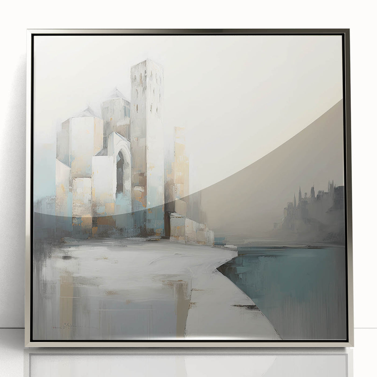Framed abstract architecture wall art in silver acrylic showcases geometric patterns and modern design, perfect for enhancing contemporary interiors.