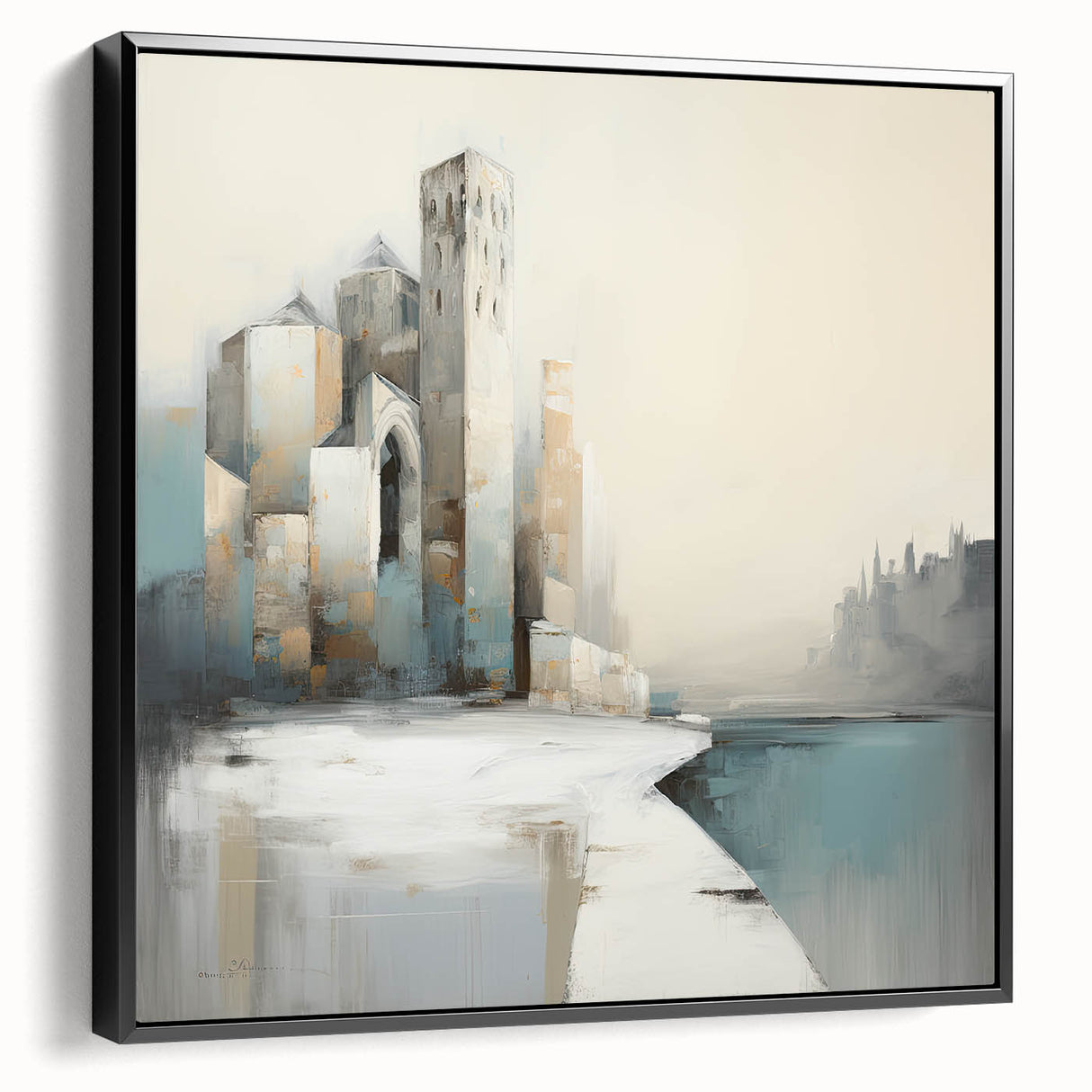 Framed abstract architecture wall art showcasing a striking black design, displayed from a side view, perfect for modern interior decor.