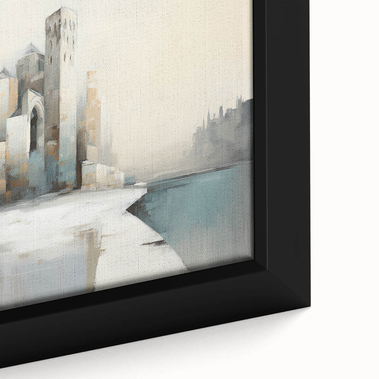Close-up view of an abstract architectural wall art framed canvas, showcasing intricate geometric patterns and a blend of muted colors, ideal for modern decor.