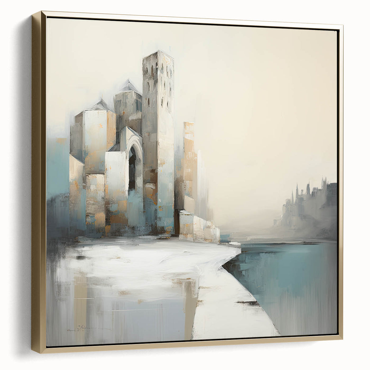 Framed abstract architecture wall art showcasing a blend of silver and gold tones, perfect for modern home decor. This elegant piece adds sophistication to any interior space.