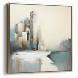 Framed abstract architecture wall art showcasing a blend of silver and gold tones, perfect for modern home decor. This elegant piece adds sophistication to any interior space.