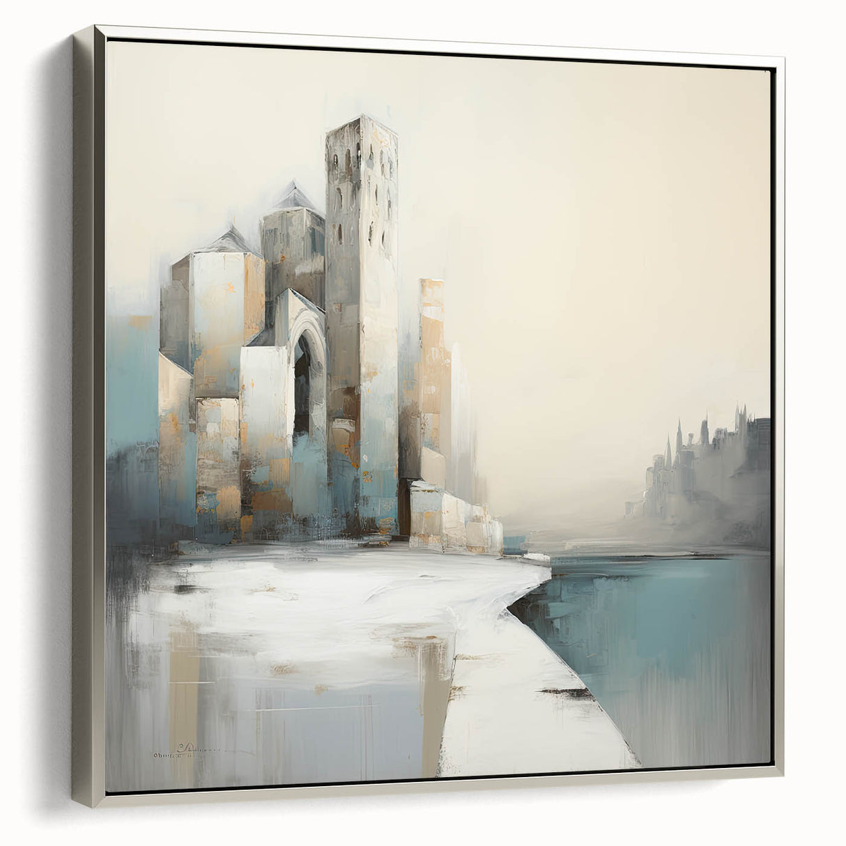 Framed abstract architecture wall art in silver, showcasing modern geometric shapes and lines, perfect for contemporary home decor. Side view highlights the sleek design and elegance.