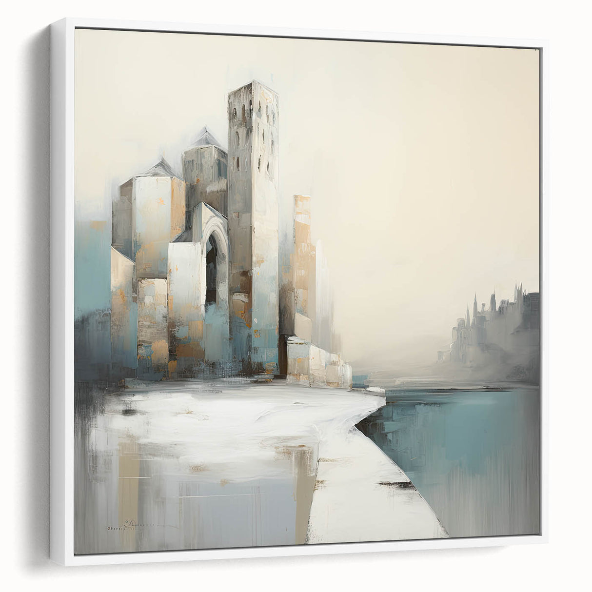 Abstract architectural wall art print in a sleek white frame, showcasing geometric shapes and lines, perfect for modern home decor or office spaces.