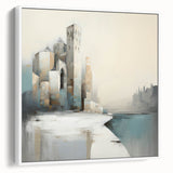 Abstract architectural wall art print in a sleek white frame, showcasing geometric shapes and lines, perfect for modern home decor or office spaces.