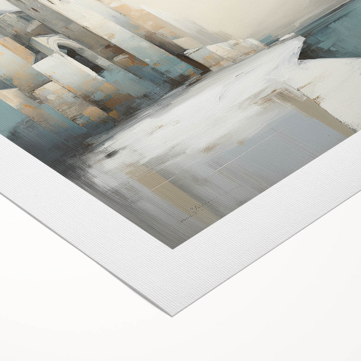 Abstract architectural wall art on rolled canvas, showcasing geometric shapes in shades of blue, gray, and white, ideal for modern home decor.