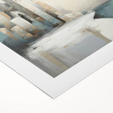 Abstract architectural wall art on rolled canvas, showcasing geometric shapes in shades of blue, gray, and white, ideal for modern home decor.