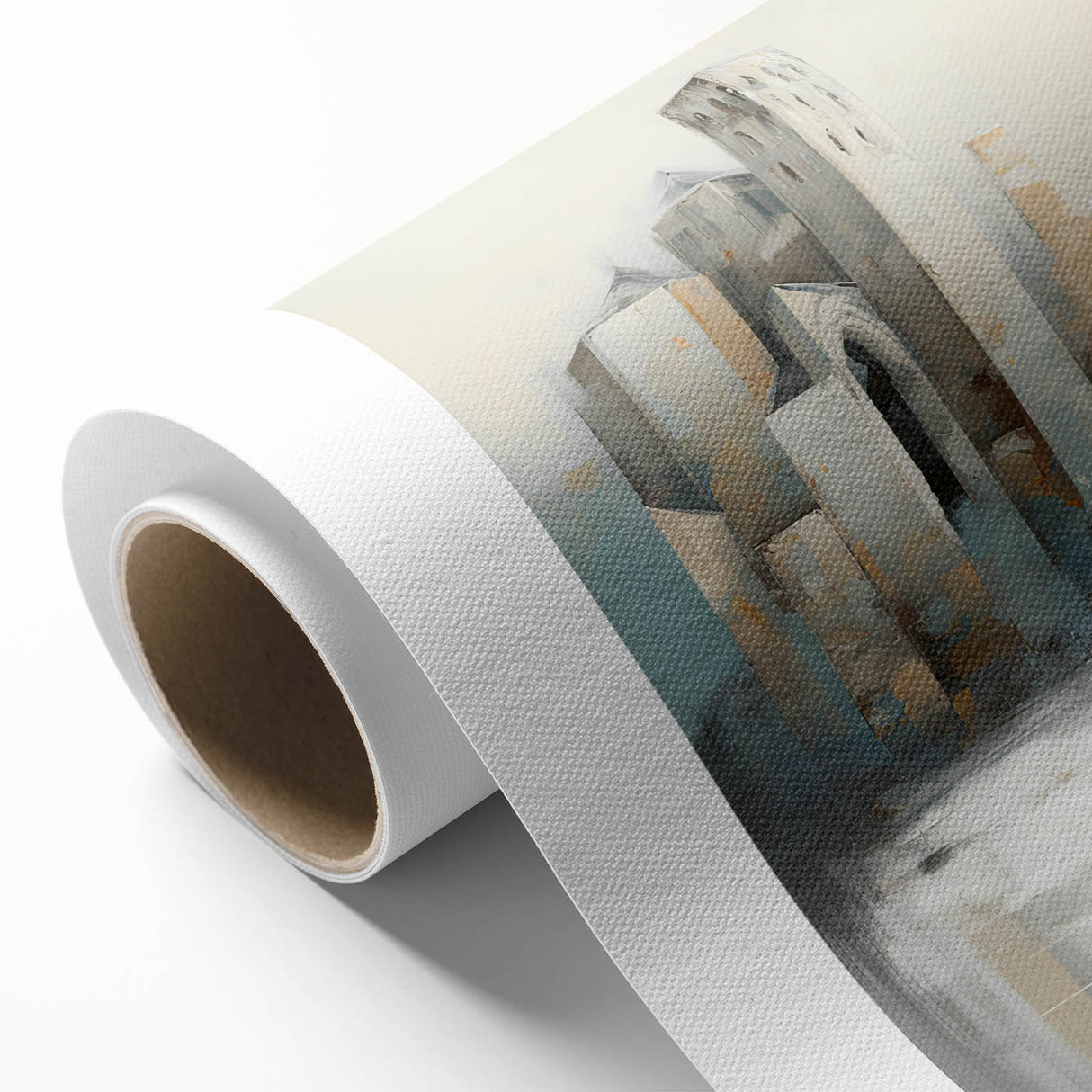 Abstract architectural wall art on rolled canvas showcases geometric shapes in muted tones of blue, gray, and white, perfect for modern home decor.
