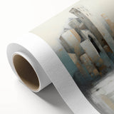 Abstract architectural wall art on rolled canvas showcases geometric shapes in muted tones of blue, gray, and white, perfect for modern home decor.