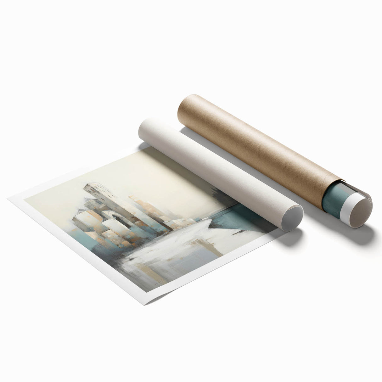 Abstract architectural wall art print showcasing geometric shapes in muted tones of blue, gray, and white, rolled and ready for framing or display.