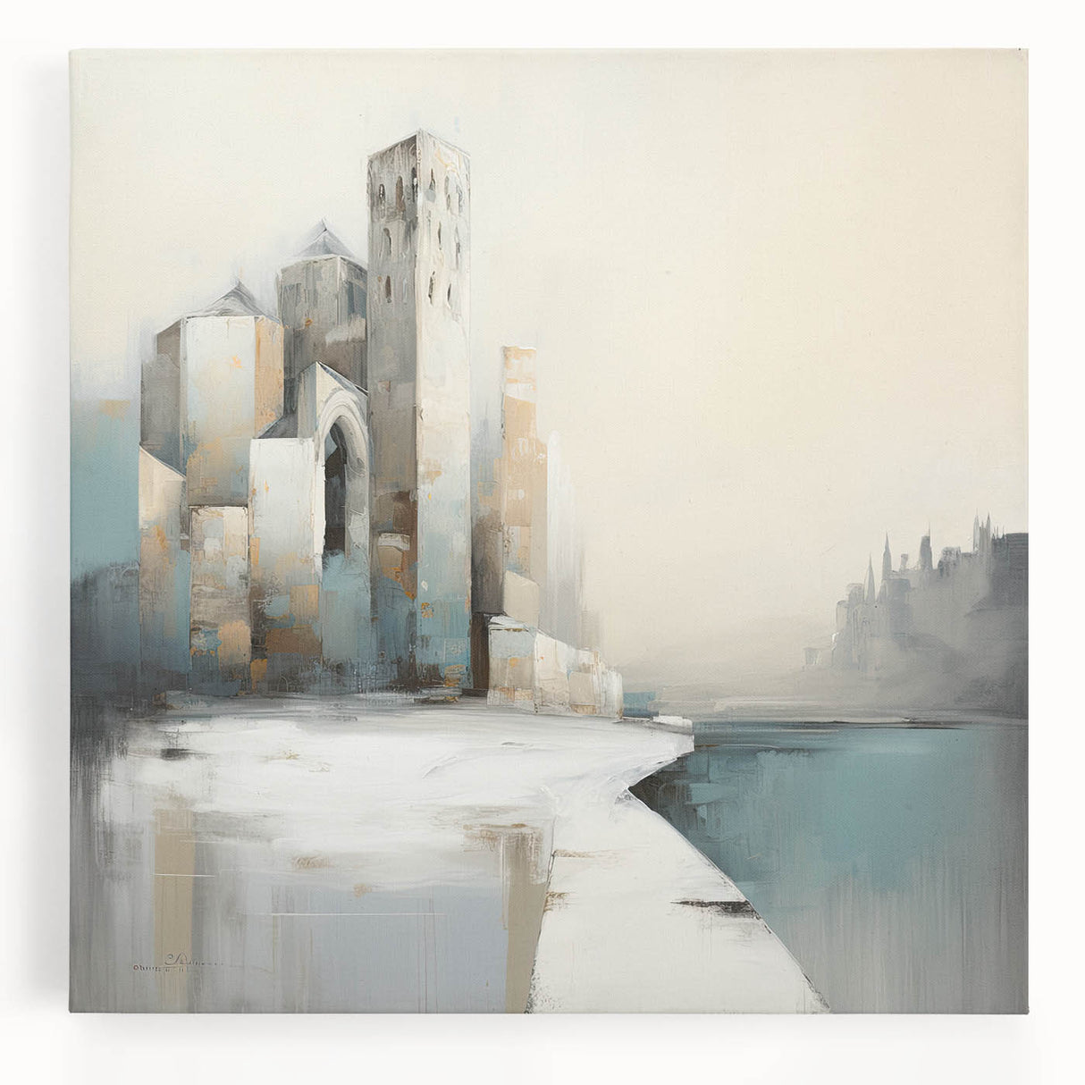 Abstract wall art canvas depicting modern architectural shapes in vibrant colors, showcasing a dynamic design that enhances contemporary interior decor.