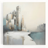 Abstract wall art canvas depicting modern architectural shapes in vibrant colors, showcasing a dynamic design that enhances contemporary interior decor.
