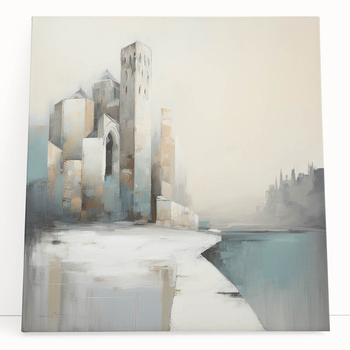 Abstract architecture wall art displayed on a stretched canvas, showcasing geometric shapes and muted colors, ideal for modern home decor. Perfect for adding a contemporary touch to any space.