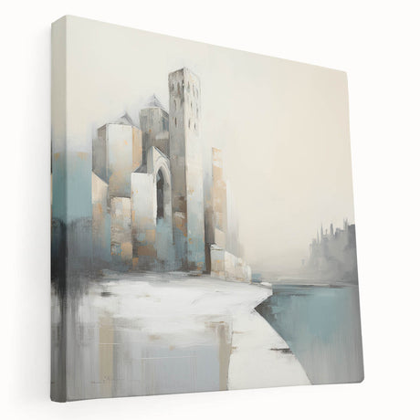 Abstract architectural wall art on stretched canvas, showcasing geometric shapes in muted colors. Side view highlights the depth and texture, perfect for modern decor.