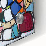 Close-up of an abstract geometric design on acrylic glass, showcasing vibrant colors and intricate patterns, ideal for modern home decor accents.