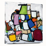 Abstract geometric acrylic glass design in vibrant colors, showcasing a side view with visible pins for mounting. Ideal for modern decor and art enthusiasts.