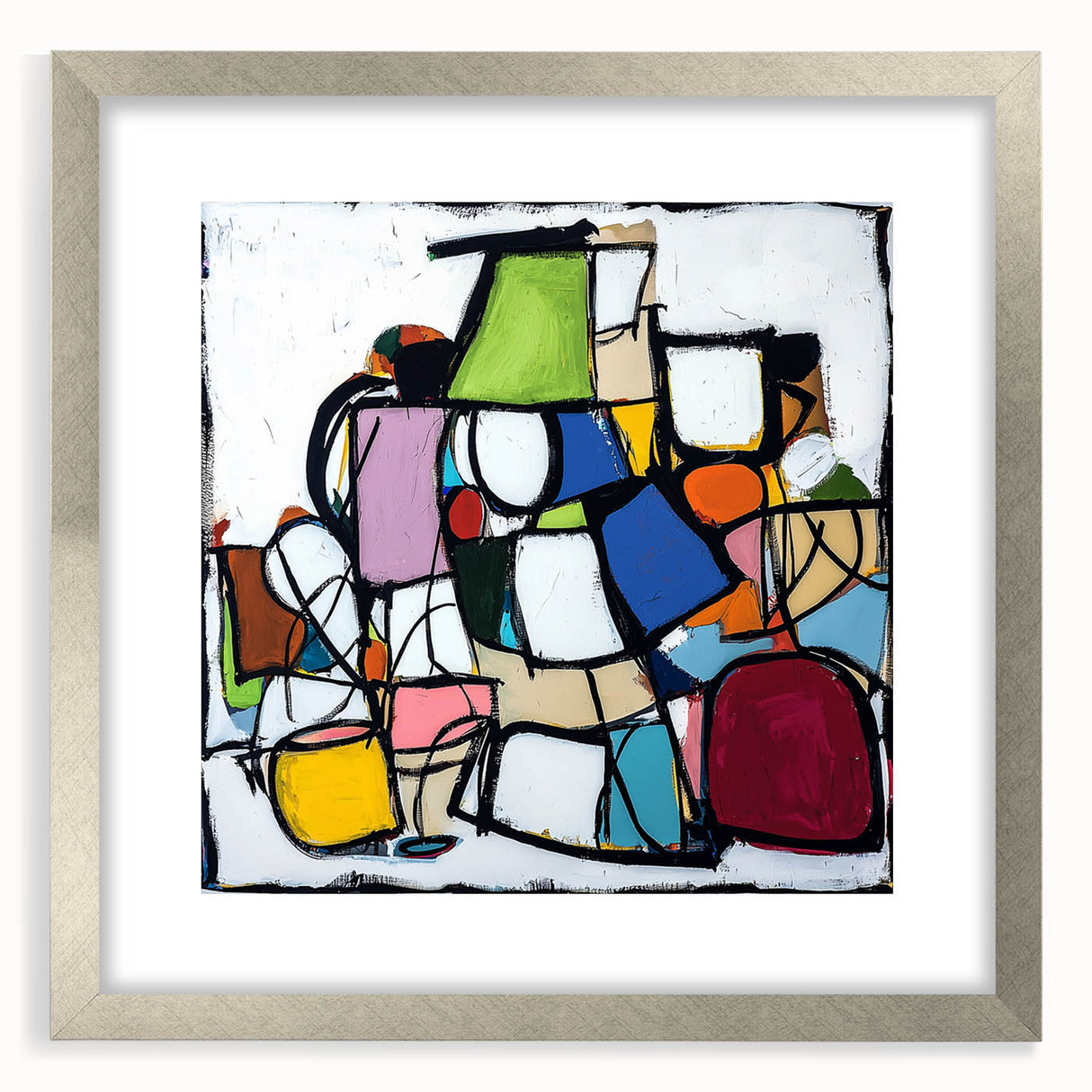 Abstract geometric frame in silver with a mat, showcasing a modern design that enhances interior decor. Perfect for displaying artwork or photos, adding elegance to any setting.