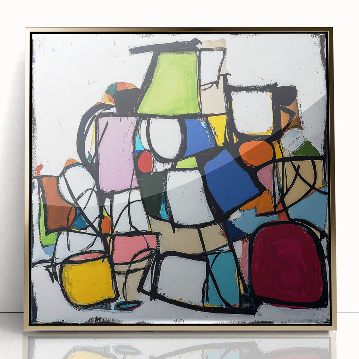 Framed abstract geometric artwork in gold tones, featuring intricate patterns on acrylic, ideal for modern home decor. Perfect for adding elegance to any space.