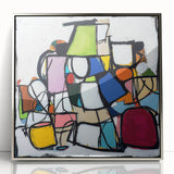 Framed abstract geometric wall art in silver acrylic, showcasing intricate patterns and modern design elements, perfect for contemporary home decor.