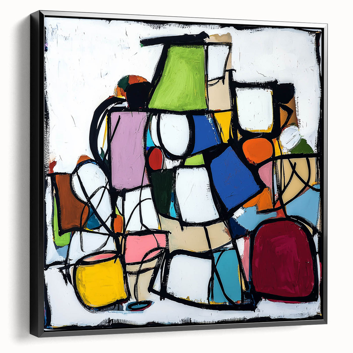 Abstract geometric framed canvas art showcasing a striking black design, viewed from the side, perfect for modern home decor and artistic expression. This versatile piece enhances any room's aesthetic with its unique shapes and bold contrasts, ideal for art enthusiasts seeking contemporary wall accents.