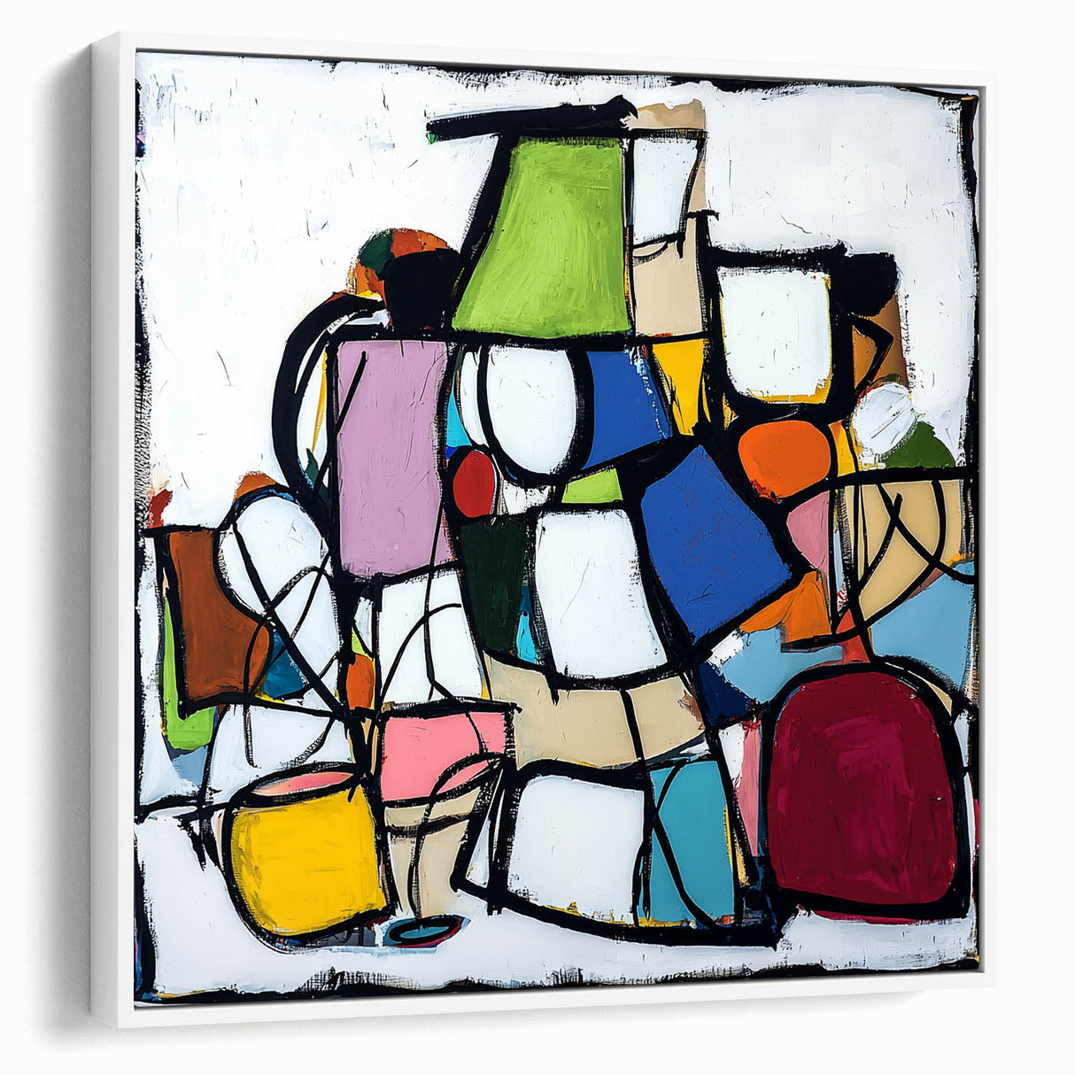 Abstract geometric framed canvas artwork showcasing a modern design with a white backdrop and sharp angles, perfect for enhancing contemporary home decor.