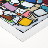 Abstract geometric rolled canvas artwork showcasing vibrant colors and intricate shapes, elegantly packaged in a protective cardboard tube for easy display.