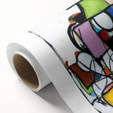 Abstract geometric rolled canvas artwork showcasing vibrant blue, orange, and yellow shapes, elegantly packaged in a durable cardboard tube for easy display. Ideal for modern home decor, this piece adds a contemporary touch to any art collection.