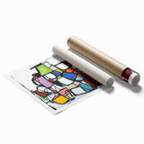 Abstract geometric rolled print on canvas showcasing vibrant colors and intricate patterns, elegantly packaged in a protective cardboard tube for easy display.