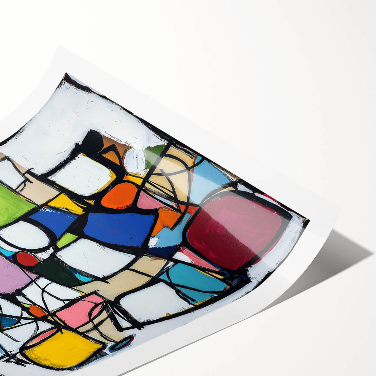 Abstract geometric rolled print featuring vibrant blue, orange, and yellow shapes on a textured background, ideal for modern home decor, packaged securely in a protective cardboard tube.