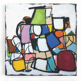 Abstract geometric stretched canvas artwork showcasing vibrant colors, intricate shapes, and modern design, perfect for contemporary home decor or office spaces.