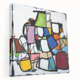 Abstract geometric stretched canvas artwork showcasing vibrant colors and intricate patterns. The side view highlights the depth and texture, perfect for modern decor.
