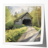Photo print of a covered bridge in muted brown and green tones on glossy paper, suitable as art wall dining room decor.