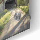Mid-century modernist large abstract wall art of a covered bridge, in muted gray and blue tones on acrylic glass.