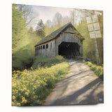 Side view of a large abstract wall art depicting a covered bridge, rendered in neutral tones on acrylic glass.