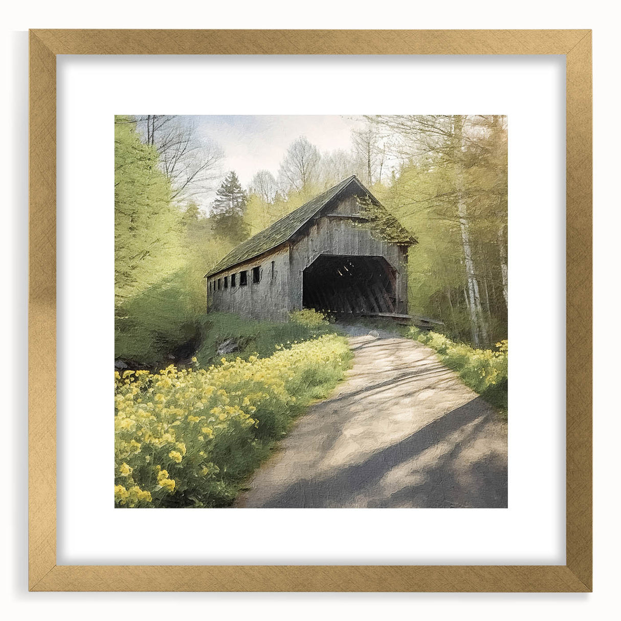 Extra large abstract art print of a covered bridge, featuring textured layers in earth tones, framed in gold.
