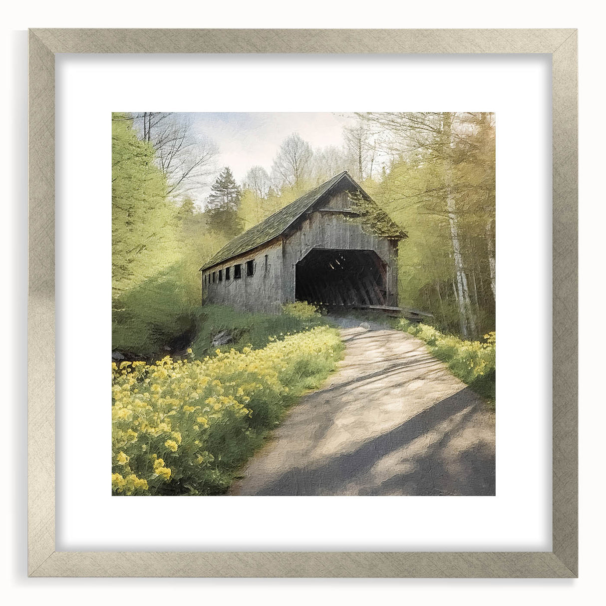 Textured art print of an abstract, covered bridge in muted gray tones on a framed canvas, suitable for bedroom decor.