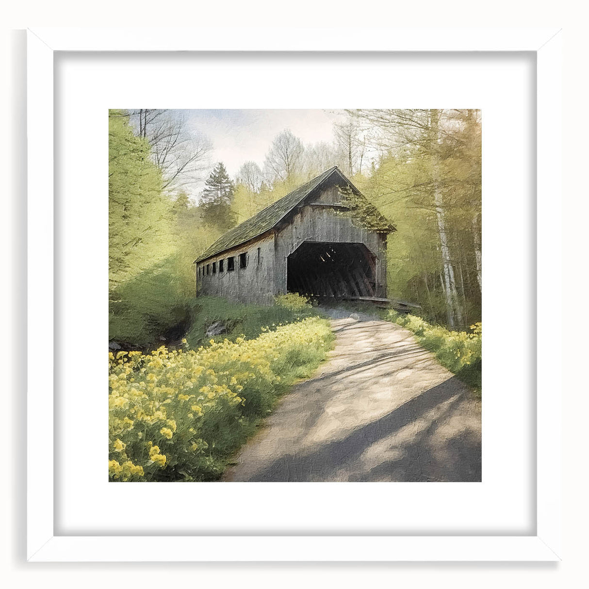 Abstract art print of a covered bridge in muted gray tones on a framed white mat, ideal for dining room decor.