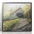 Large abstract wall art featuring a mid-century modernist design of a covered bridge in muted gray tones.