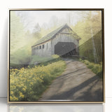 Mid-century modernist covered bridge artwork in muted gold and brown tones on framed acrylic.